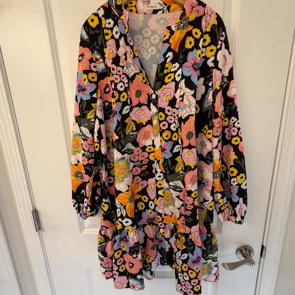 SundayUp Womens Floral Button Front Ruffle Mini Dress Black Multi